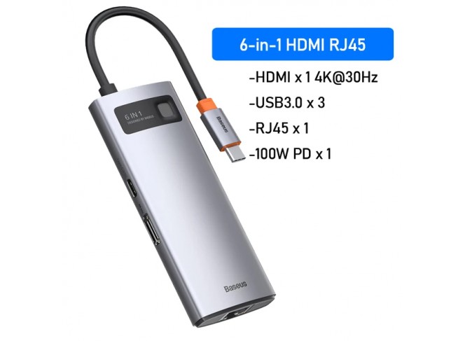 Hub Baseus 6 Em 1 Usb Tipo C 4k @60hz Rj45 Sd Tf 10gbps